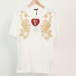 NWT VERSACE Italy V Heart & Baroque Crystal Embroidery Cotton White T-Shirt, 42